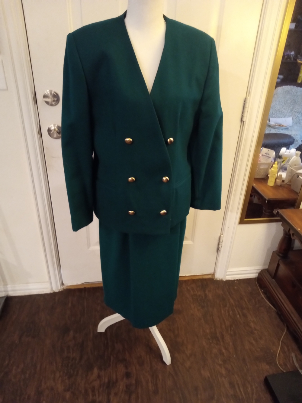 VINTAGE Russ Emerald Green Double-Breasted Skirt Set with Gold Buttons